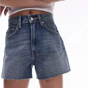 Topshop High Rise Dark Wash Cutt Off Shorts Womens Raw Hem W27 28” Retro Beach